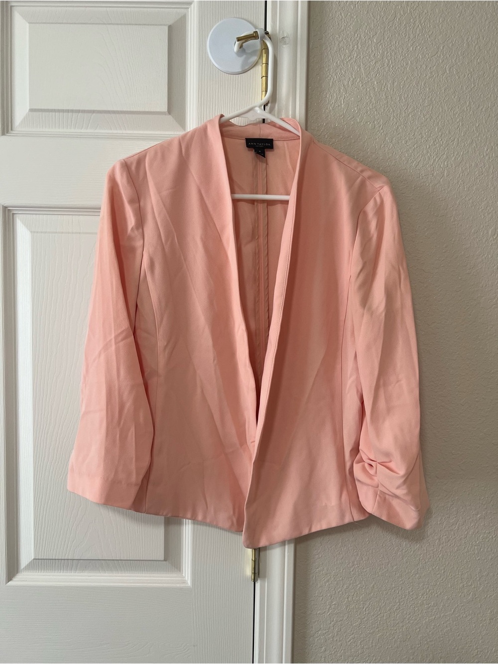 Ann Taylor Factory Blush Pink Open Front Blazer Jacket Ruched Sleeve Medium